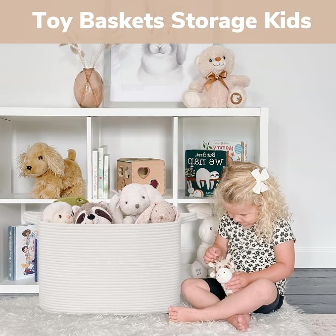 Goodpick 50L Large Cotton Rope Blanket Basket, 18" x 14" x 12", White | Blankets, Pillows & Toys Storage, Living Room & Bedroom Organization, Decorative Storage Basket, Neutral Home Decor