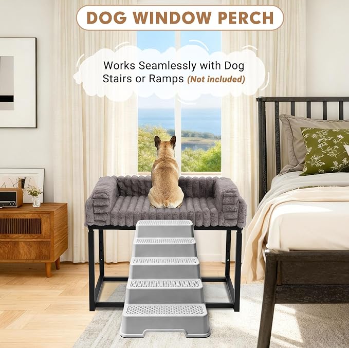 Beside Dog Bed, Adjustable Height Dog Bunk Beds, 27.5''x 18''Metal Dogs Bed Frame with Washable Removable Corduroy Cover, Memory Foam Pet Bed with Sides, for Small Dogs & Cats