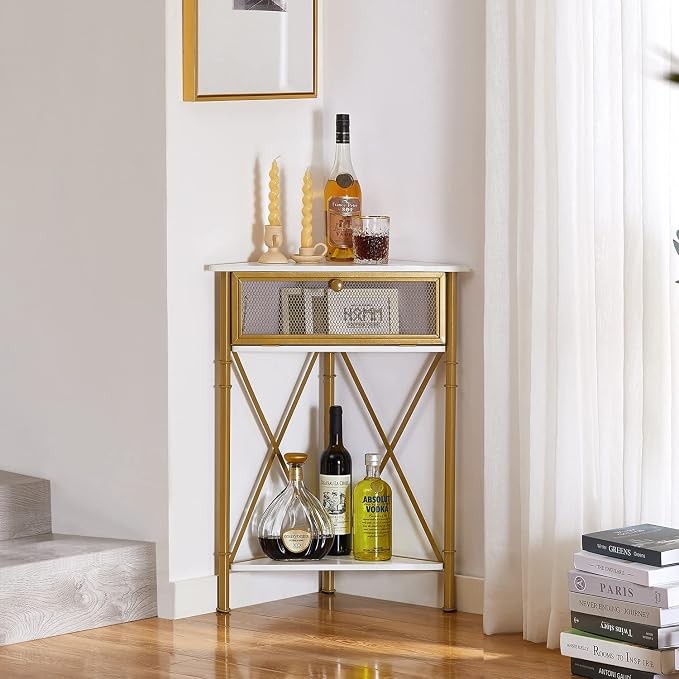 VECELO Corner Table for Small Spaces, Multipurpose Storage Cabinet Shelf Organizer with Flip Door in Living Room/Bedroom/Kitchen/Bathroom, Gold