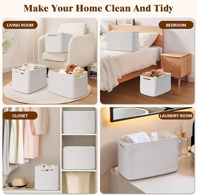 Storage Baskets for Organizing, 4 Pack Baskets for Shelves, Decorative Storage Bins for Shelves, Cotton Rope Storage Basket with Handles, Woven Basket for Storage, 13''Lx8.7''Wx7.9''H, White
