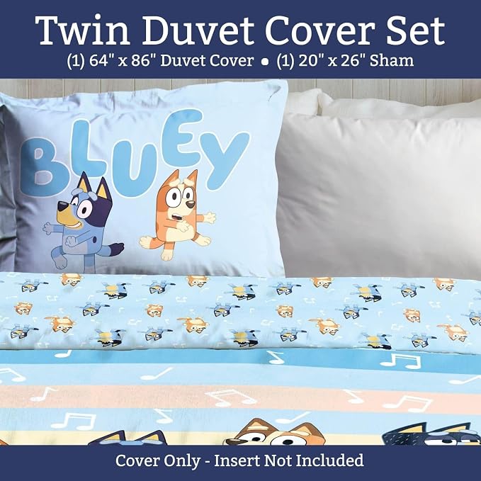 Jay Franco Duvet Cover Set – 2 Piece Comforter Cover and Sham Set, Super Soft Cozy Kids Bedding (Insert Not Included) Multi - Bluey, Twin