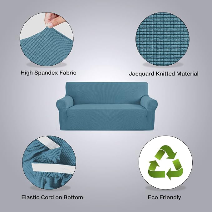 H.VERSAILTEX Stretch Sofa Covers Washable 3 Seat Couch Covers Sofa Slipcovers for Living Room Feature Thick Checked Jacquard Fabric with Elastic Bottom, Sofa Large - Storm Blue