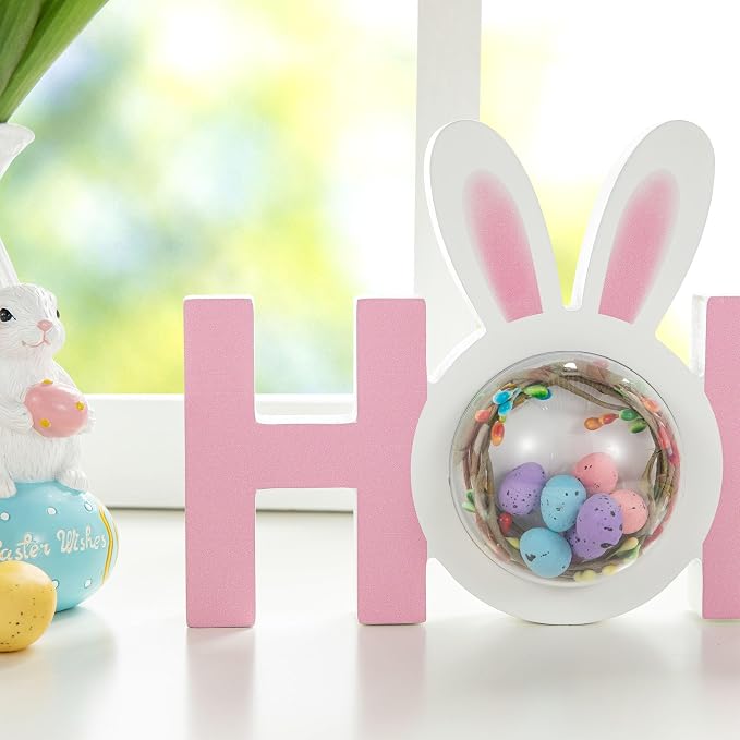 Glitzhome Wooden Easter Bunny Tabletop Sign Easter Hop Table Decor for Spring Easter Party Supplies Props