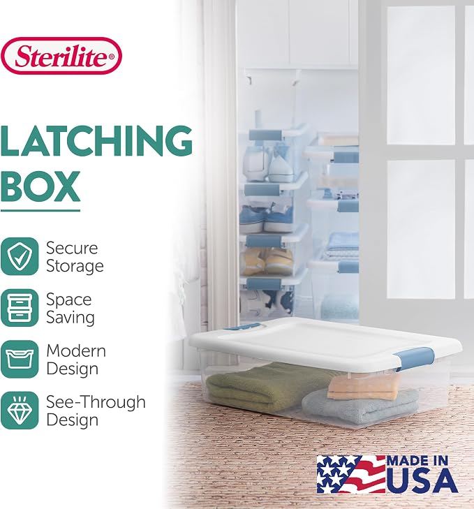 Sterilite Latching Box with Lids for Home and Office, 32 Quart, 18-Pack | Heavy-Duty and Stackable Plastic Containers with Latches for Closet, Cabinet, Bedroom, Bathroom and Dorm Room Organization