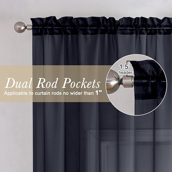 Lecloud Black Sheer Curtain Panels 72 Inch Length, Light Filtering Window - Image 3
