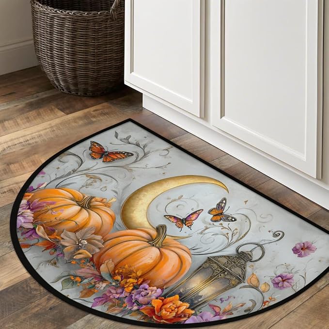 Pardick Half Round Door Mat Moon Pumpkin Butterfly Anti-Slip Semi Circle Rug 24X36 Entrance Welcome Mats Indoor Outdoor Door Mat, Washable Decorative Floor Mats for Kitchen Bathroom Hearth Fireplace
