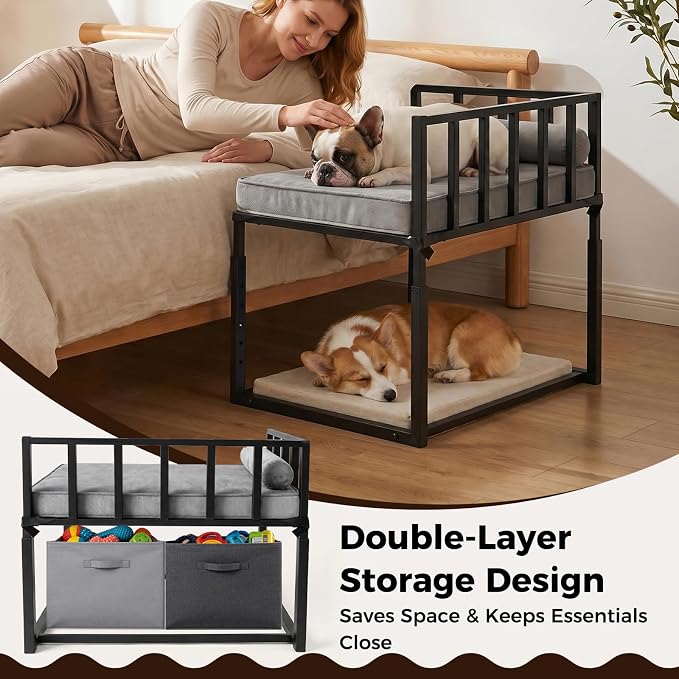 Bedside Dog Bed, Height Adjustable Elevated Co-Sleeper for Small Medium Dogs, Fits Low to High Beds (17-28in), Heavy-Duty Metal Bunk Bed Frame with Safety Side Rails & Washable Cushion