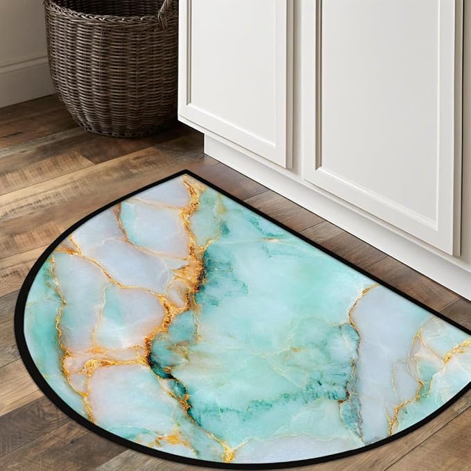 Jade Marble Half Round Door Mat Non-Slip Semi Circle Rug Washable Half Moon Floor Rug Absorbent Bathroom Area Rugs for Outdoor Indoor Fireplace Mat Entryway Kitchen Decor Rugs