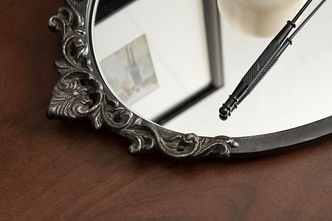 Kate and Laurel Arendahl Vintage Oval Mirrored Decorative Tray; 17 x 10; Antique Black; Traditional Ottoman Tray for Living Room Home Decor with Ornate Detailing