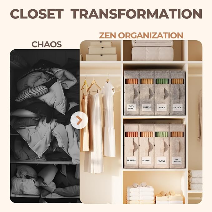 Sheet Organizers and Storage for Linen Closet, 4Pack Beige | 1200D Linen-Type Cloth, Fits King and Queen Sheet Sets, Clear Window and Label Slot, Foldable Dustproof Storage with Handle