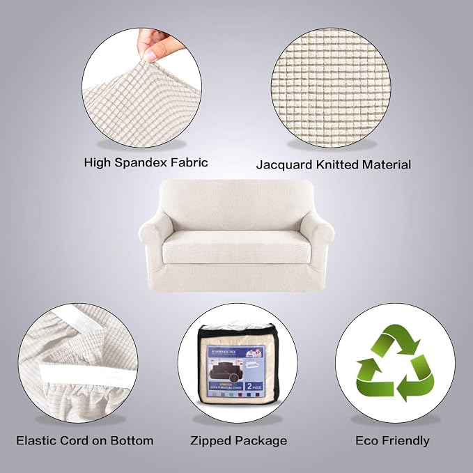 H.VERSAILTEX Stretch Sofa Covers 2 Piece for 2 Cushion Couch Covers Sofa Slipcovers Furniture Covers Suit for T Cushion/Box Cushion Feature Deluxe Textured Jacquard - Loveseat, Ivory