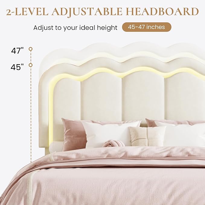 SHA CERLIN Queen Size Bed Frame with LED Lights and Storage Drawer, Cream | Upholstered Velvet Platform Bed with Adjuatable Wavy Headboard, Noise-Free, Easy Assembly,No Box Spring Needed
