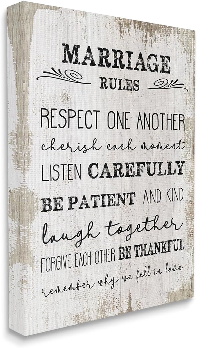 Stupell Industries Marriage Rules Home Family Inspirational Word Textured Design Stretched Canvas Wall Art by Daphne Polselli, 16 x 1.5 x 20, Multi-Color | Stupell Industries · By Lil' Rue · Inspirational typography decor · Ready to hang · Made in USA