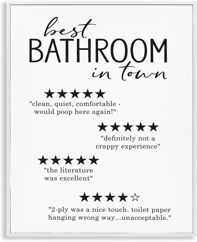 Stupell Industries 'Best Bathroom Five Star Reviews Funny Bath Phrases', Framed Giclee Art, White, 16 x 20 Inches, Easy to Hang and Sturdy, Made in USA, by Lettered and Lined