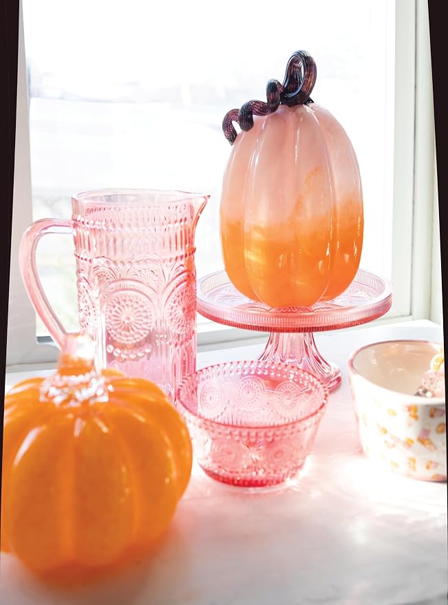 Boston International Handblown Art Glass Pumpkin Thanksgiving Halloween Decorations for Home, Small, Orange