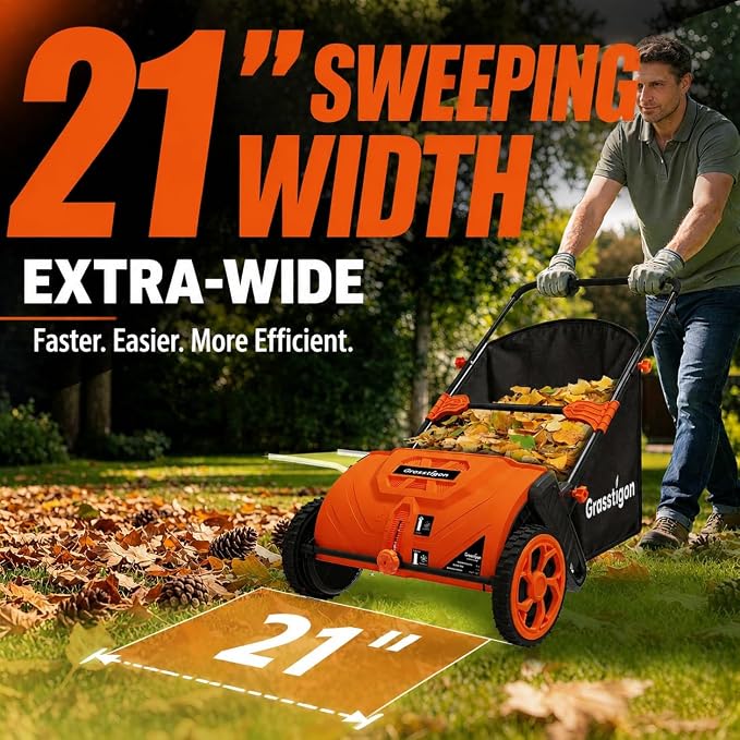 Grasstigon 21-Inch Manual Push Lawn Sweeper, Leaf Collector for Grass Clippings, Leaves & Debris, Leaf Picker Upper with Large 3.64 ft³ Hopper, Durable Wheels, Orange & Black