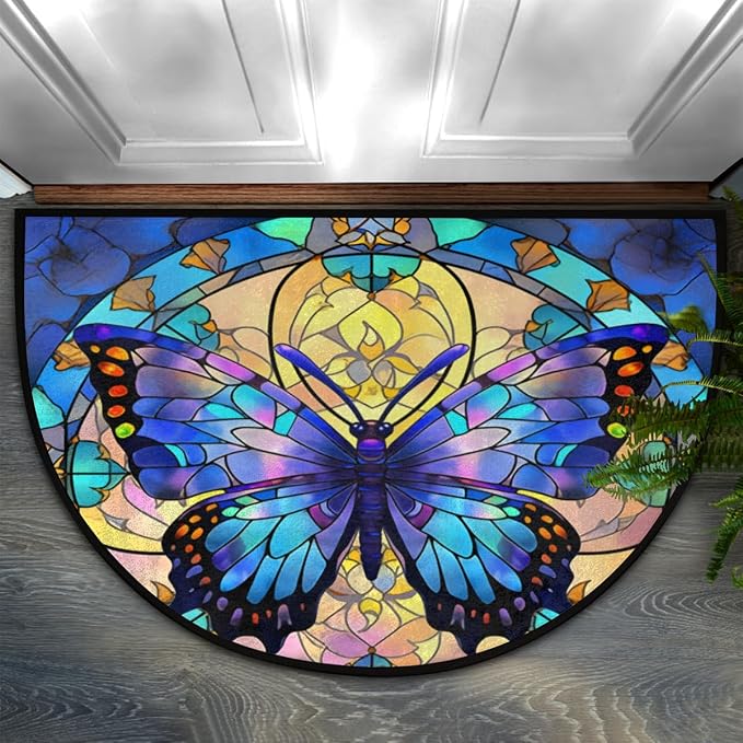 Half Round Door Mat Blue butterfly Glass Window Intdoor Entrance 36x24 Inch, Non-Slip Welcome Mat for Outdoor Semi Circle Bathroom Floor Rugs,House Entry Way Heavy Duty Doormat for Kitchen Living Room