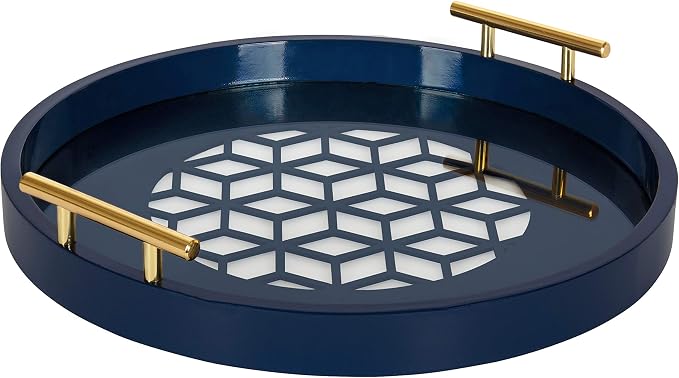 Kate and Laurel Caspen Round Cut Out Pattern Decorative Tray with Gold Metal Handles, 15.5", Navy and Gold