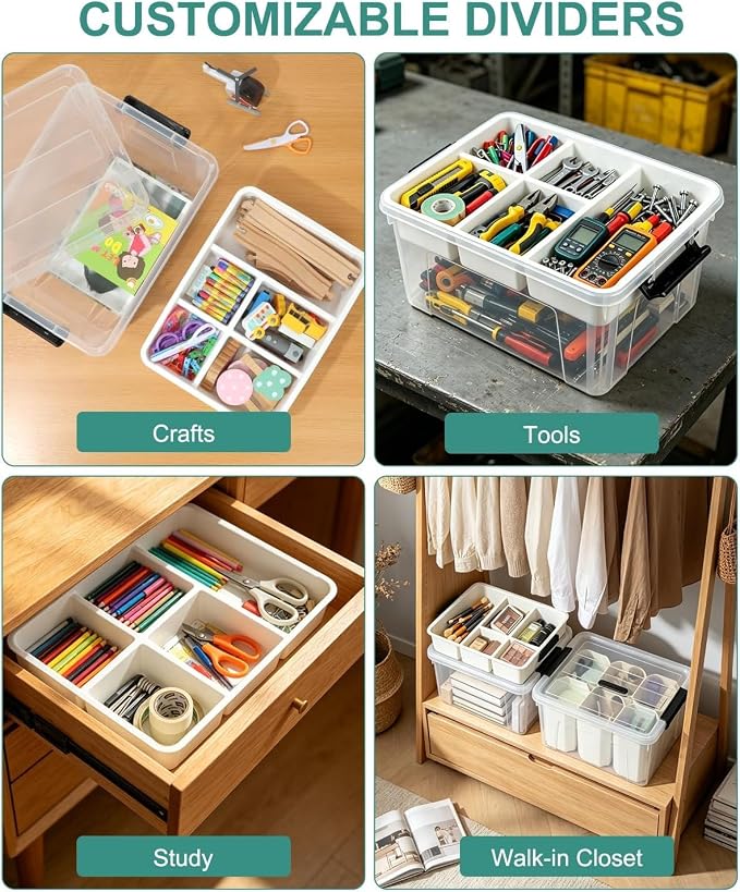 17QT Clear Storage Box with Tray for Crafts & Lego Organization | Removable 5-compartment tray separates small beads & sewing kits, while deep base stores bulky tools. Portable & BPA-free.