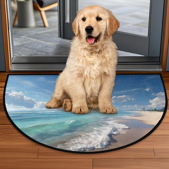 Beach Summer Half Round Door Mat Non-Slip Semi Circle Rug Half Moon Doormat | Seaside Beach Summer Soft Washable Welcome Entrance Mat for Outdoor Indoor Floor Bedroom Bathroom Home Kitchen Festival Decor