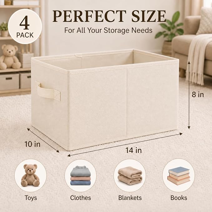 Yinder Cube Storage Bin Storage Bins for Room Decor Colorful Bins Foldable Baskets for Nursery Organizer Boxes Fabric Boxes(14''x10''x8'',Beige,4 Pcs)