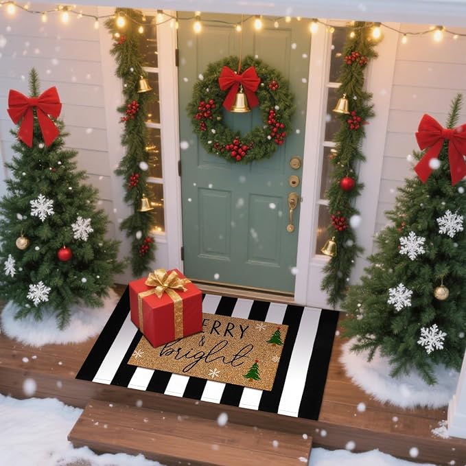 Moucuny 2 Pcs Christmas Door Mat Outdoor Merry Christmas Nature Coir Welcome Outdoor Rug Black White Stripe Xmas Front Porch Rugs Non Slip Floor Mats Entrance Decor