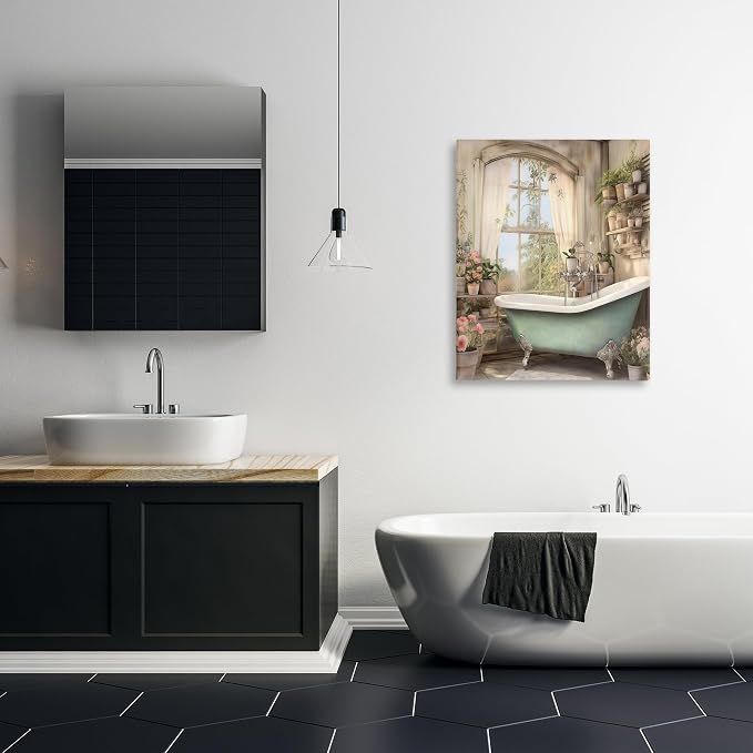 Bathroom Floral Filled Shelves, 30 x 40 Inch Canvas Wall Art | Stupell Industries · By Lettered and Lined · Ready to hang · Serene cottage charm for bathroom spaces · Made in USA