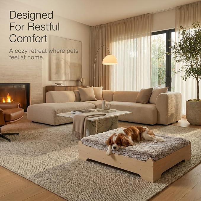 Elevated Wooden Dog Bed with Foam Mattress, Natural Wood, Small | Raised Dog Bed with Washable Cover and Supportive Foam Mattress, Crafted for Small Dogs and Modern Homes