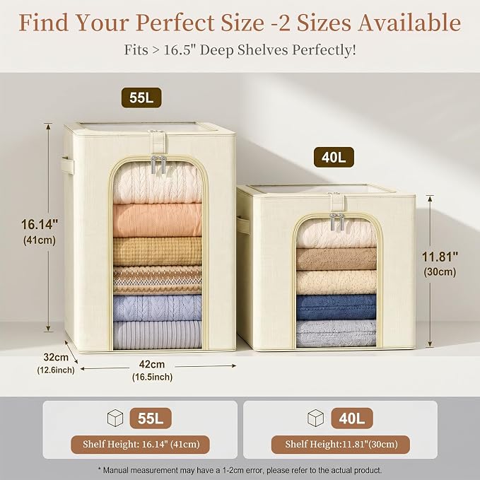 GoMaihe Clothes Storage Bins with Metal Frame for Closet, 40L 4-Pack Beige | Sweaters Hoodies Jeans T-Shirt, Closet Top Shelf Organizer, Collapse-Proof Stackable, Clear Window, Dual Access Space Saving