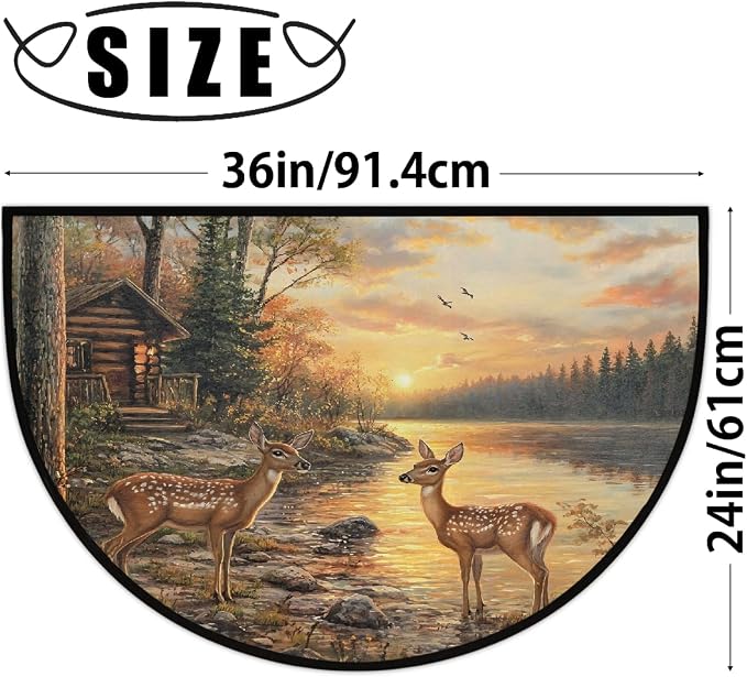Deer Lake Half Round Door Mat Semi Moon Rug Fireplace Carpet Area Rugs | Beautiful Deer Lake Non Slip Absorbent Half Circle Mat Carpet for Indoor Outdoor Patio Kitchen Bathroom Entryway Home Decor