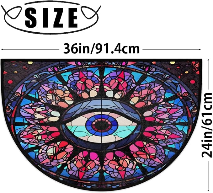 Colorful Eye Stained Glass Window Half Round Door Mat, Non-Slip Entrance Welcome Mat for Indoor Semi Circle Bathroom Floor Rugs Outdoor Mats House Heavy Duty Doormat for Kitchen Living Room 36x24 Inch