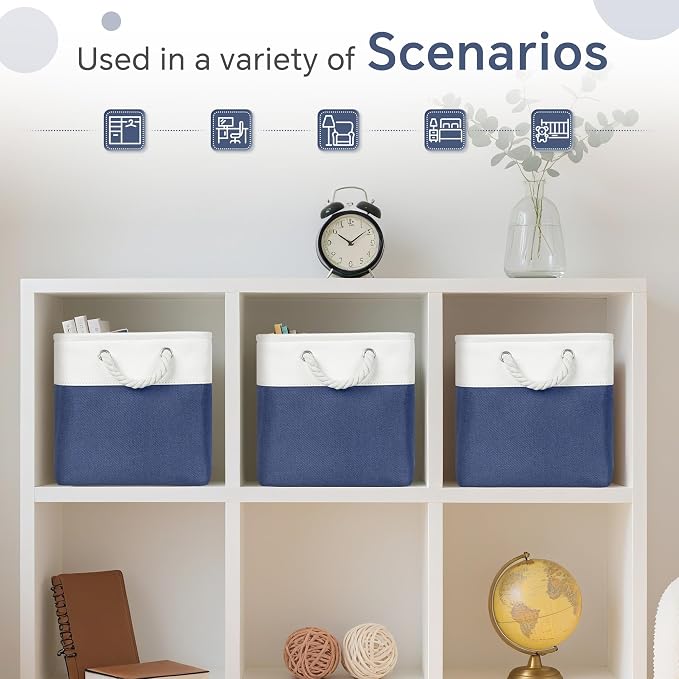 FinishingBo 11 inch Cube Storage Bin with Handles 6 Pack | Foldable Basket, Fabric Storage Bins, Closet Storage, Home Organizer (White/Navy Blue)