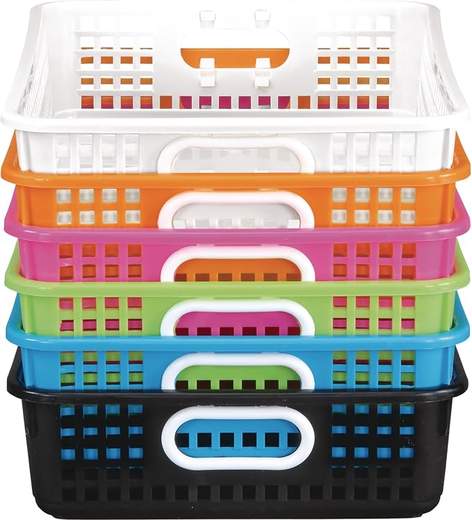 Really Good Stuff Small Desktop Paper Storage Baskets, 14" x 10" x 3.25" | 6-Pack, Neon Group Colors, Mesh Baskets for Classroom or Home, Secure Papers Crease-Free