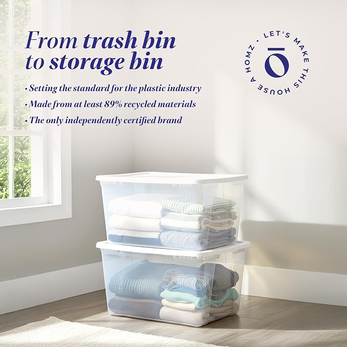 HOMZ Snaplock Clear Plastic Bin 56 Quart/14 Gallon | Storage Tote with Secure Lid | for Home, Office, Garage, Dorm Room Organizer | Stackable & Nestable | White Lid, Pack of 2