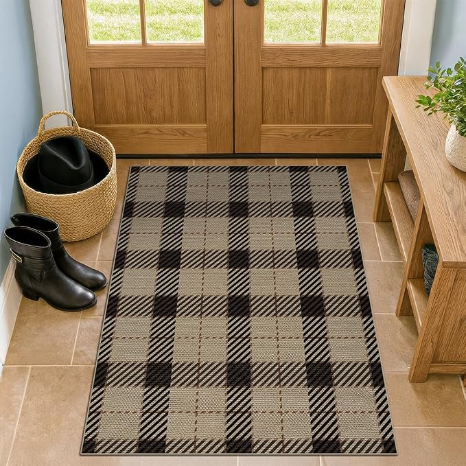 3x4 Entryway Door Mat Indoor – Washable Non Slip Small Rug for Front Door, Kitchen Sink, Mudroom, Garage Entry, Low Profile Easy Clean Farmhouse Plaid Floor Mat