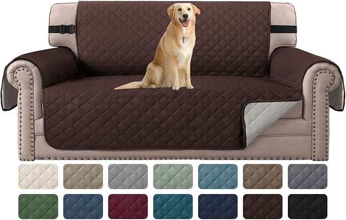 H.VERSAILTEX Reversible Loveseat Cover for 2 Cushion Couch Water Repellent Large Cushion Protector Dog Couch Protector Non Slip Furniture Protector with Elastic Strap(Oversized Loveseat, Brown/Beige)