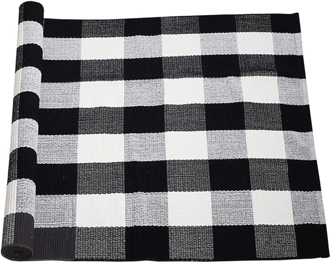 uxcell Buffalo Check Rug,Plaid Outdoor Rug,Layered Door Mat,Cotton Gingham Rugs,Floor Mat for Front Porch/Runner/Bedroom/Kitchen/Farmhouse 59"x35" Black & White