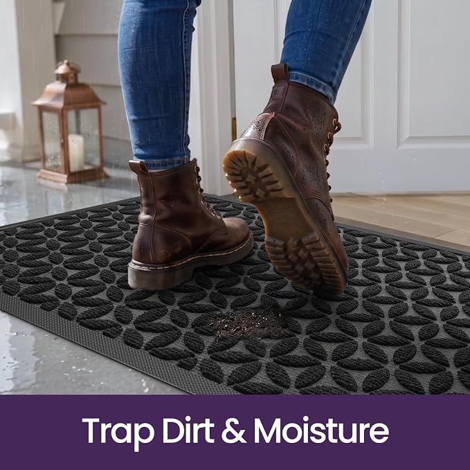 DEXI Front Door Mat Outside Entrance, 17x30 Heavy Duty Entry Doormat Dirt Trapper with Rubber Back, Non Slip Low Profile Floor Mats for Entryway Exterior Patio, Hexafoil Floral