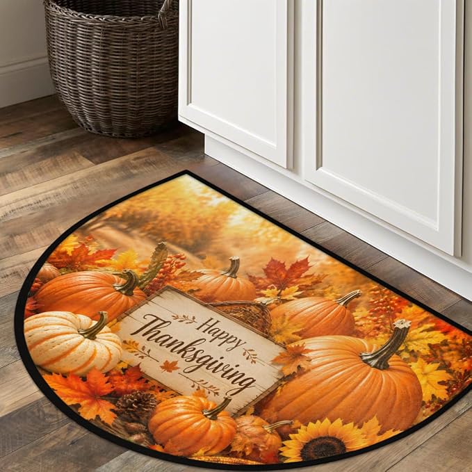 Thanksgiving Half Round Door Mat Welcome Entrance Mat Bath Bathroom Rug B8 | Autumn Pumpkin Thanksgiving Welcome Entrance Mat Anti-Slip Half Moon Bath Mat Semi Circle Rug Indoor Outdoor Kitchen Rug