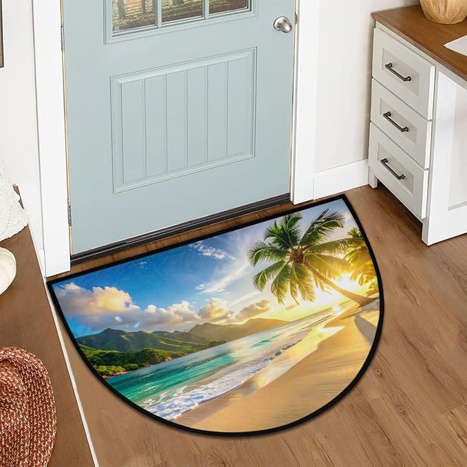 Summer Sunshine Half Round Door Mat Non Slip Half Circle Rugs | Palm Tree Washable Half Moon Rug Semi Circle Rugs Indoor Entrance Floor Carpet for Kithen Bedroom Fireplace Decor