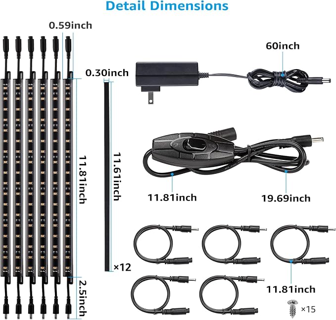 TORCHSTAR 6pcs 12 Inch LED Safe Lighting Kit, Rocker Switch, 3000K | UL Power Adapter, Input 100-240V, Linkable Gun Safe Light Bars, 900LM, for Under Cabinet Locker Closet Showcase, Warm White