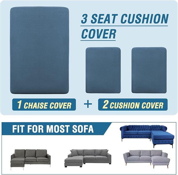 H.VERSAILTEX Sectional Couch Covers 3 Pieces Sofa Seat Cushion Covers L Shape Separate Cushion Couch Chaise Cover for Both Left/Right Sectional Couch (Seat Only: 1 Chaise + 2 Sofa, Dusty Blue)