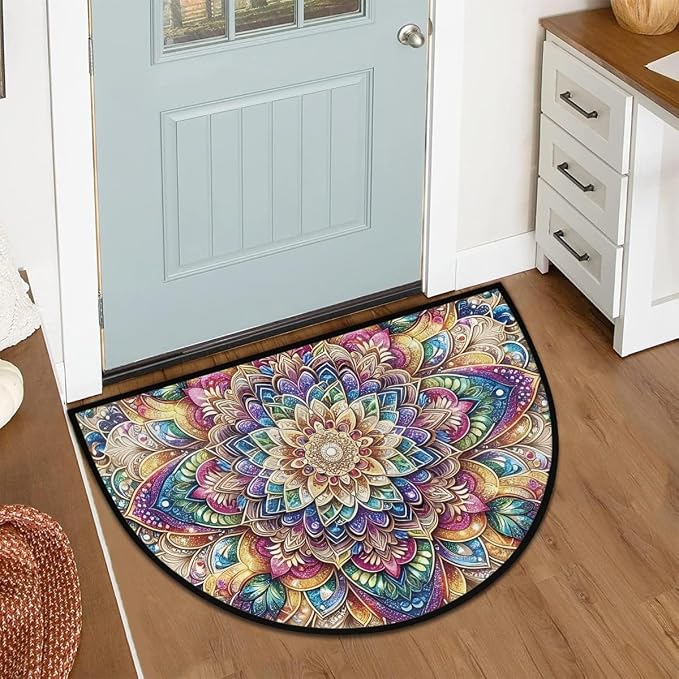 Mandala Flowers Half Round Rug Half Moon Door Mat Half Circle Rugs | Ethnic Washable Non-Slip Semi Circle Rug Welcome Half Round Door Mat Indoor Entrance Kitchen Bedroom Living Room Decor