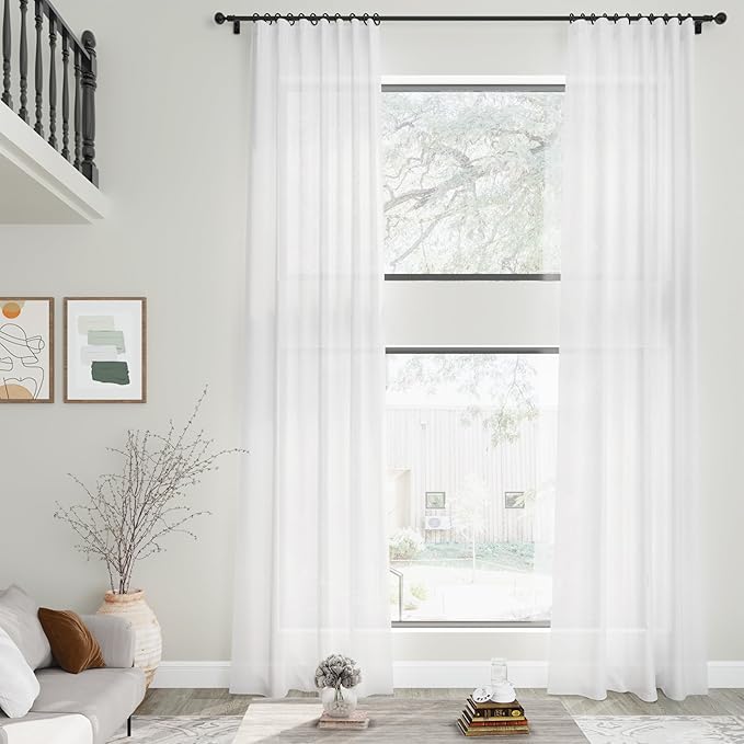 Nanspring White Linen Curtains for Living Room Extra Long Back Tab Curtains 2 Panels Set 204 Inches Long Farmhouse Light Filtering Semi Sheer Linen Drapes Ceiling to Floor for Large Window 52x204