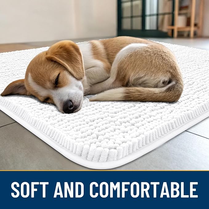 Smiry Dog Door Mat for Muddy Paws 36x24, Absorbent Dirt Trapper, Non-Slip Washable Chenille Entryway Rug for Inside Floor, White, Classic Solid