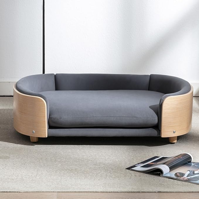 Elevated Dog Bed Pet Sofa with Solid Wood Legs and Bent Soft Backrest, Pet Cat Stool Bed with Velvet Cushion,for Large and Medium Size Dogs Kitten, Large Size