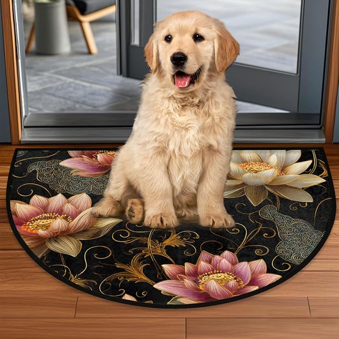 Lotus Half Round Doormat Semi Circle Rug Half Moon Rug Entryway Mat | Floral Flower Washable Non Slip Outdoor Floor Rug Kitchen Mat for Indoor Outdoor Bathroom Fireplace Bath