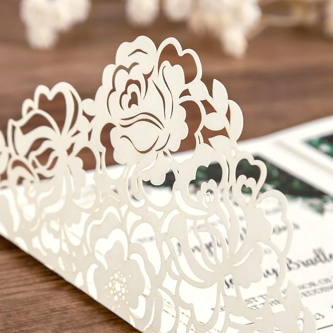 DORIS HOME 50Pcs Personalized Laser Cut Wedding Invitations, Ivory | 4.7"x7.1", Customized Anniversary Invitations, With Envelopes