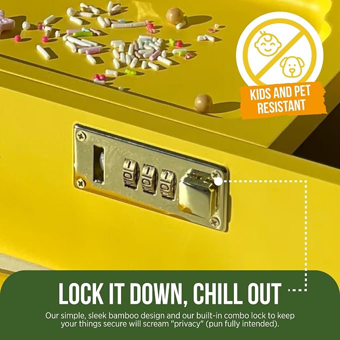 HASHSTASH The OG Storage Box - Large Bamboo Box with Combination Lock, Magnetic Lid, Organizer Tray, Airtight Tube and 3 Jars - Discreet Decorative Locking Wooden Box with Accessories (Yellow/Gold)