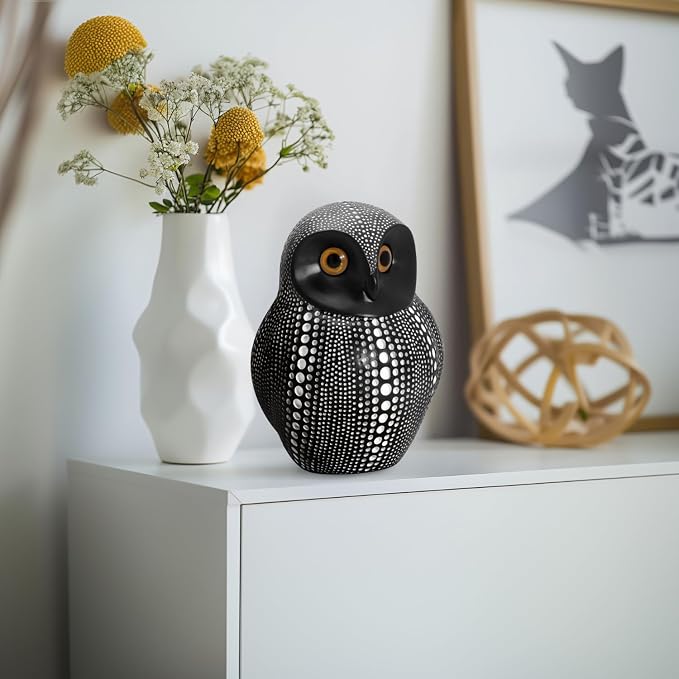 Torre & Tagus 6" Dotted Black Owl Decor - Burrowing Owl Statue with White Dots for Home Decor, Cute Bird Figurine as Tabletop Sculpture on Book Shelf, TV Console, Fireplace or Wedding Gift (Debossed)